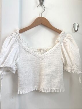 LoveShackFancy Molly Top - White Smocked Puff-Sleeve Crop Top with Ruffle Trim